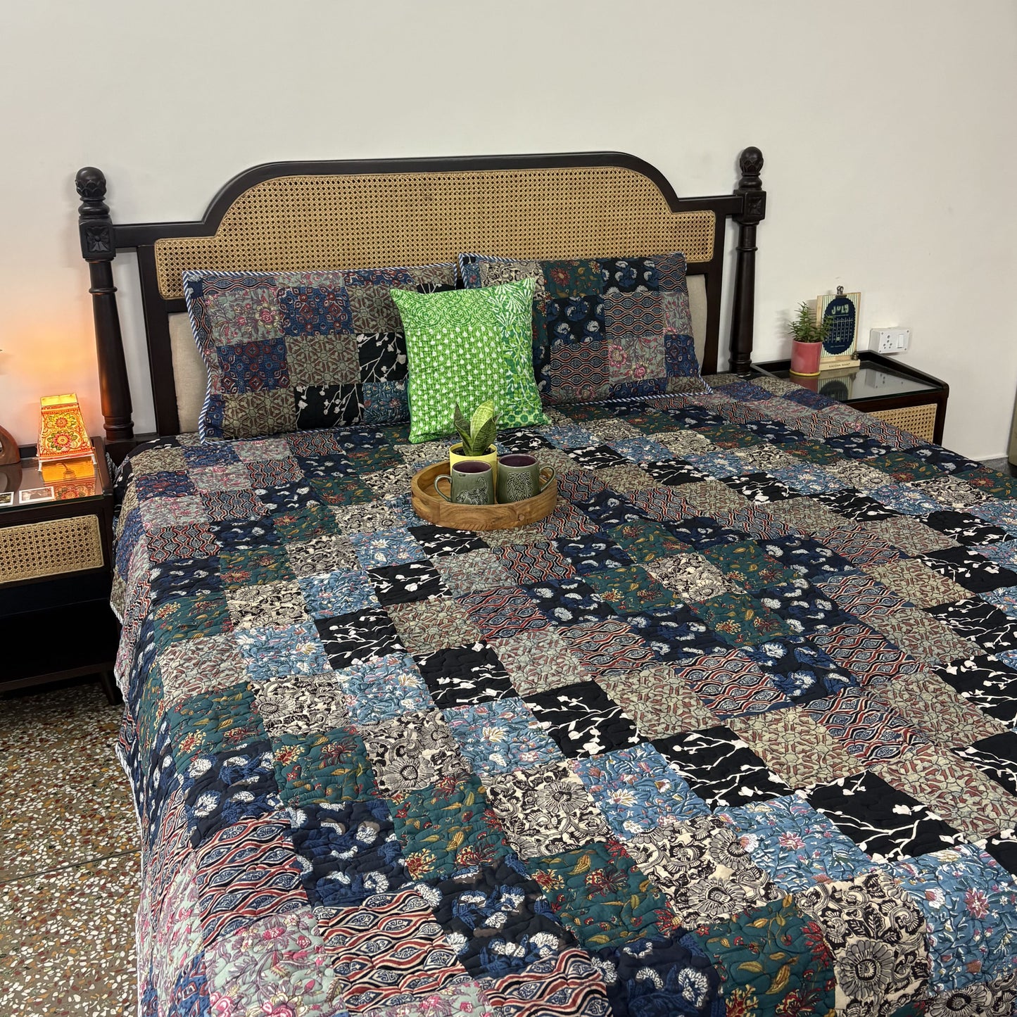 Rangeela - Blue - Patchwork Reversible Quilted Bedcover I Comforter - With Pillow Cases
