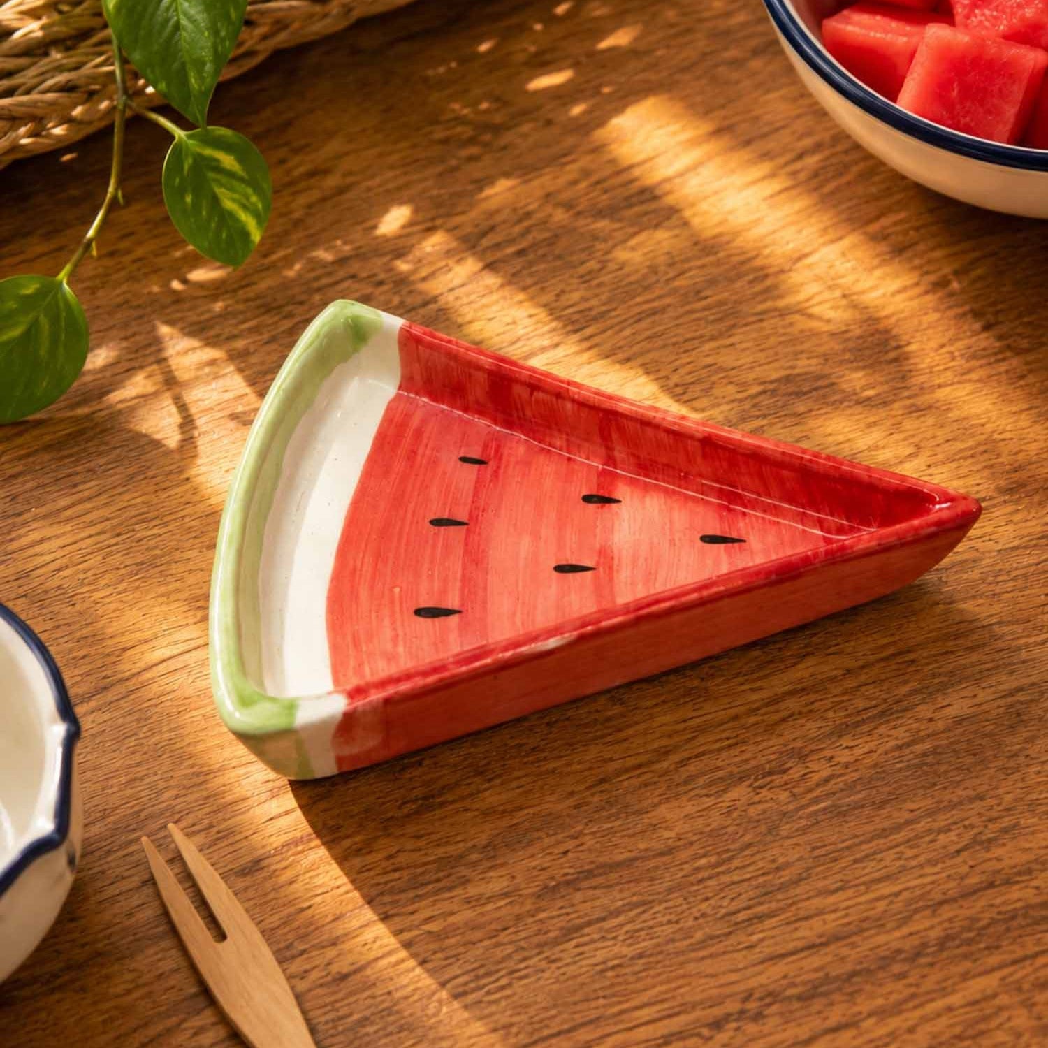 Watermelon Slice Ceramic Serving Tray, hand-painted fruit-shaped platter for snacks, desserts, appetizers, and vibrant table décor.