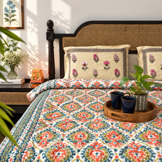 Ikkat Orange - Double Bed Razai/ Comforter