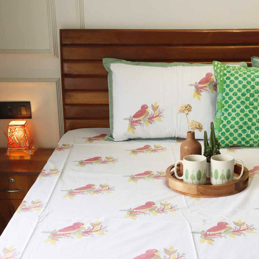 Chidiya Green - Flat I Fitted Bedsheet (108x108 Inches)