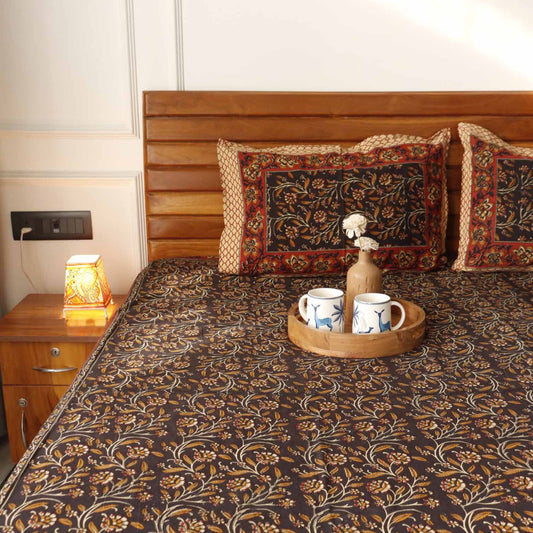 Kalamkari Black s - Flat I Fitted Bedsheet (108x108 Inches)