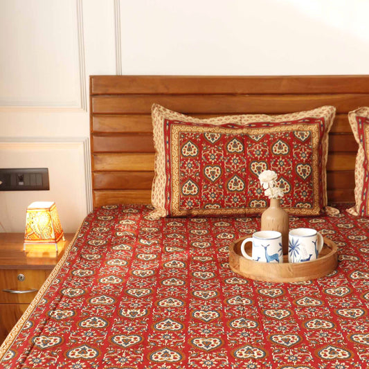 Kalamkari Dilkash Red  - Flat I Fitted Bedsheet (108x108 Inches)