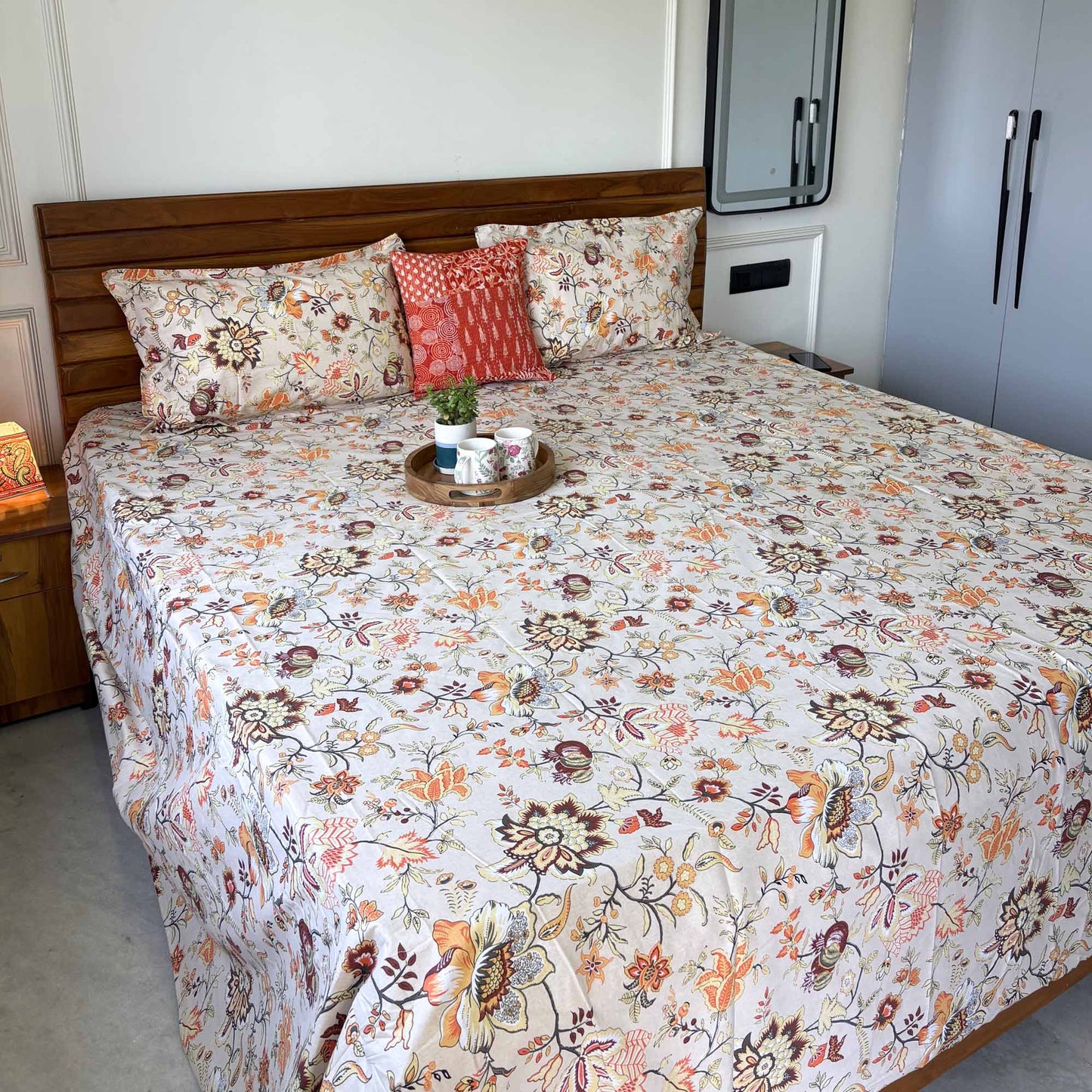 Anokhi Prints - Beige – Flat I Fitted Bedsheet (108x108 Inches)