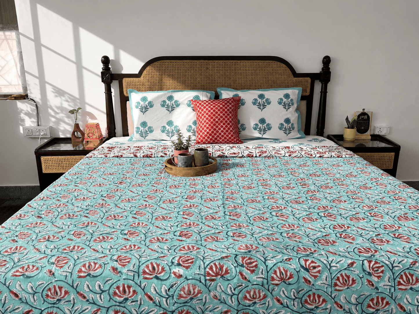 Double Bed Block Print Reversible Mul Dohar - Tulsi