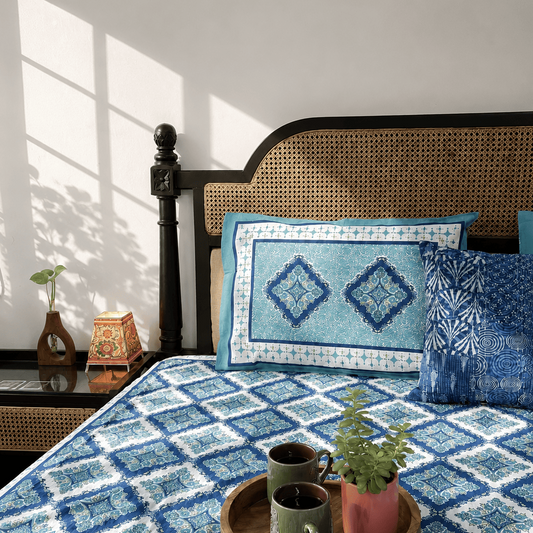 Sagar Blue - Flat I Fitted Bedsheet (108x108 Inches)