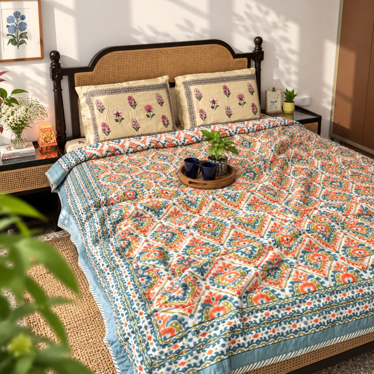 Ikkat Orange - Double Bed Razai/ Comforter