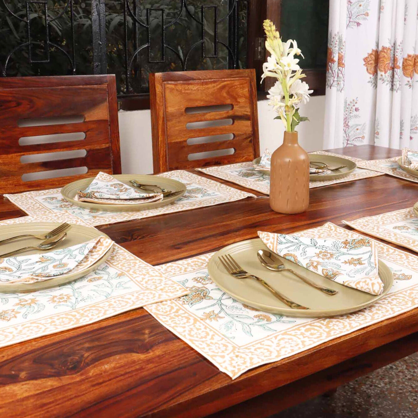 Muskan - Hand Block Table Runner, Table Mats and Napkins
