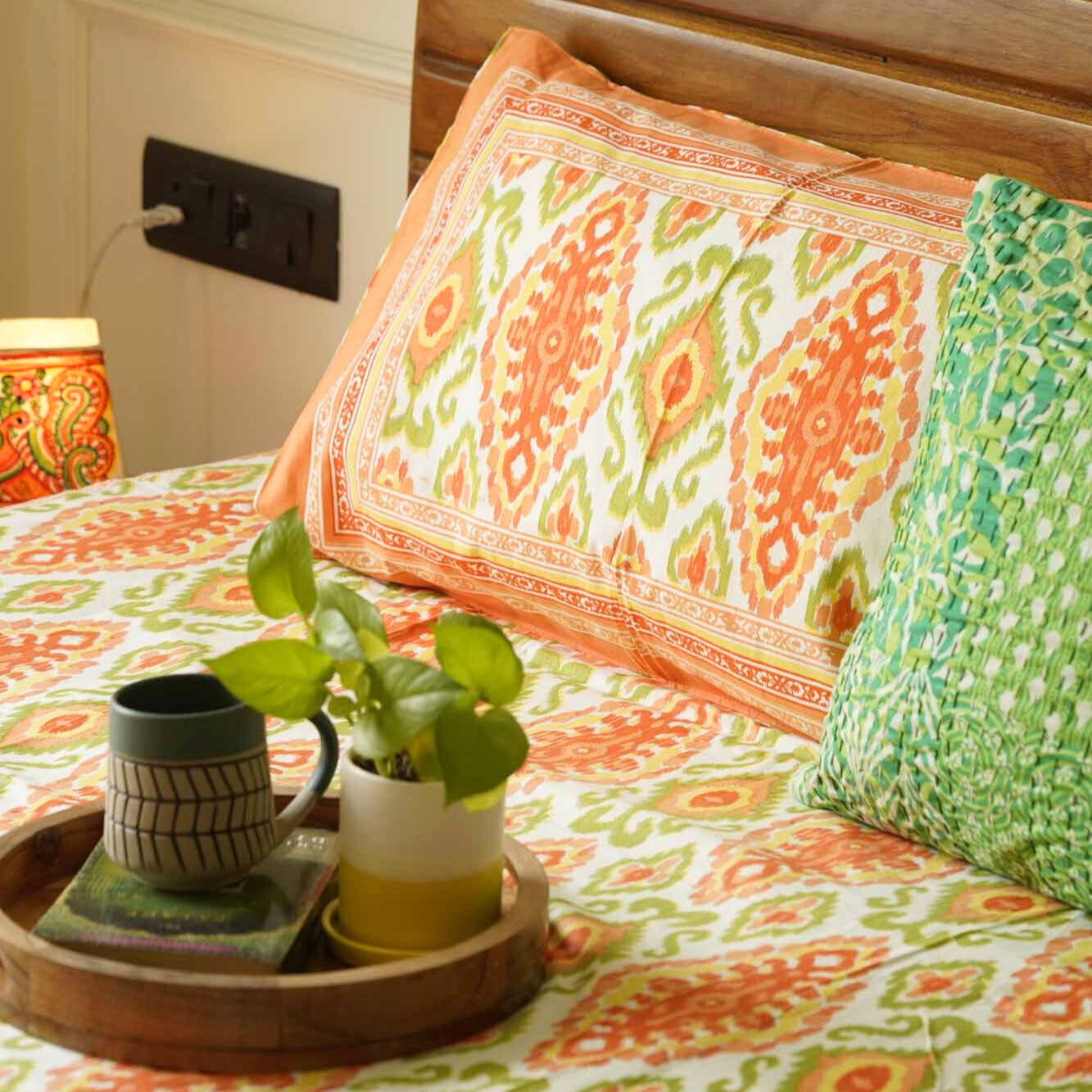 Ikkat - Orange - Flat/Fitted Bedsheet (90x108 Inches)