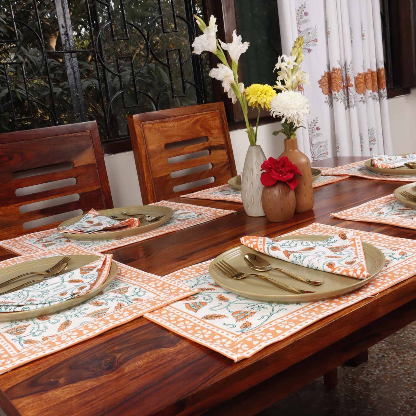 Kesari Bel - Hand Block Table Runner, Table Mats and Napkins