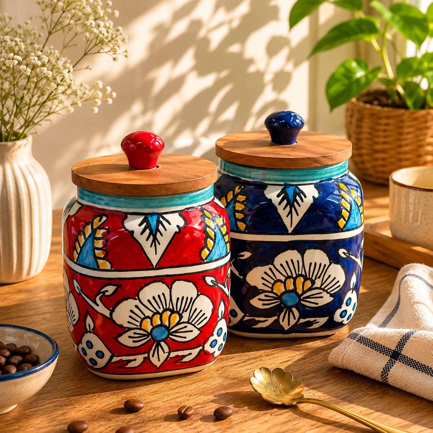Hand Painted Ceramic Storage Jars - Red Blue- Set Of 2