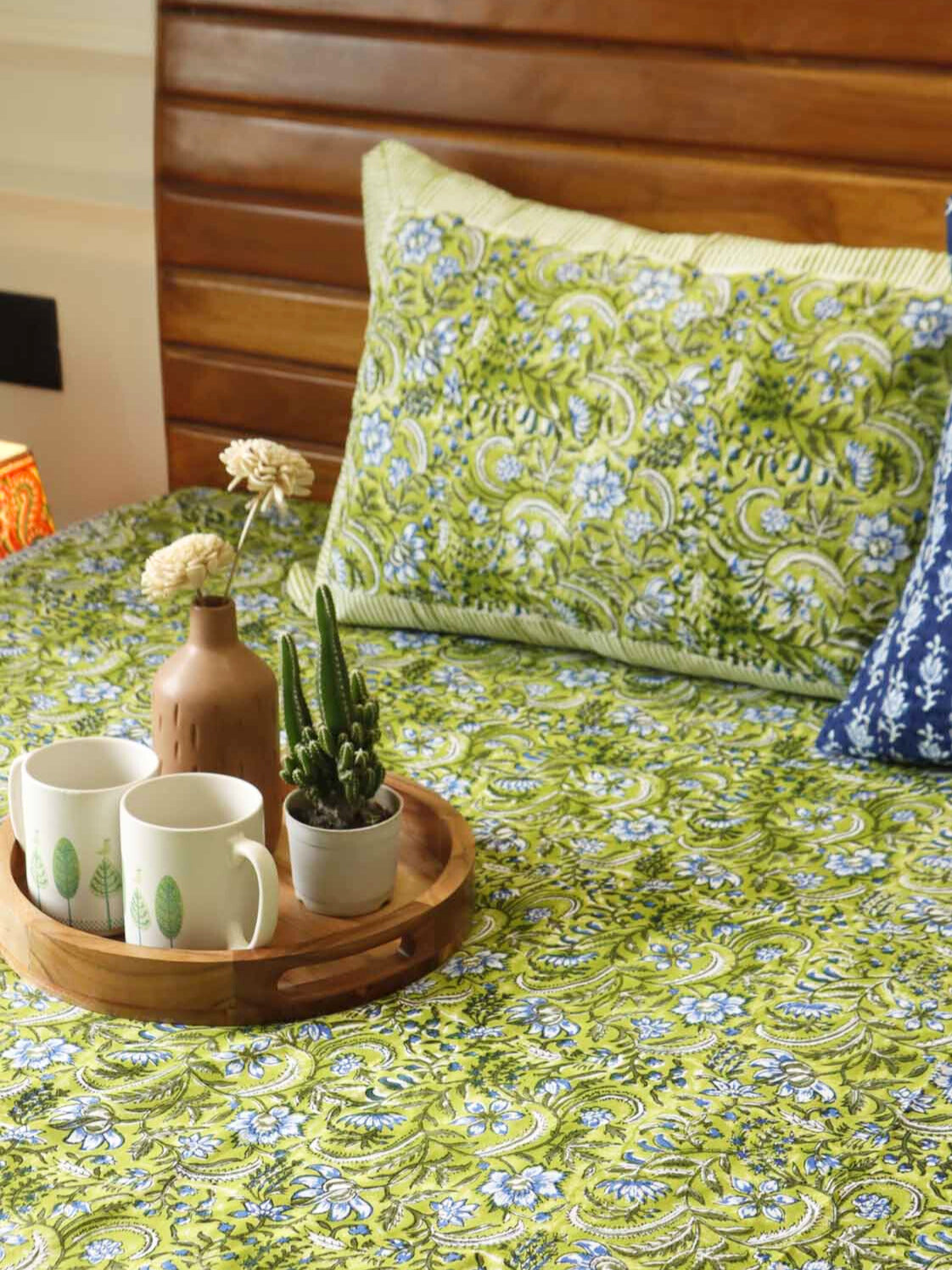 Phulwari Green - Handblock Bedsheet (100x108 Inches)