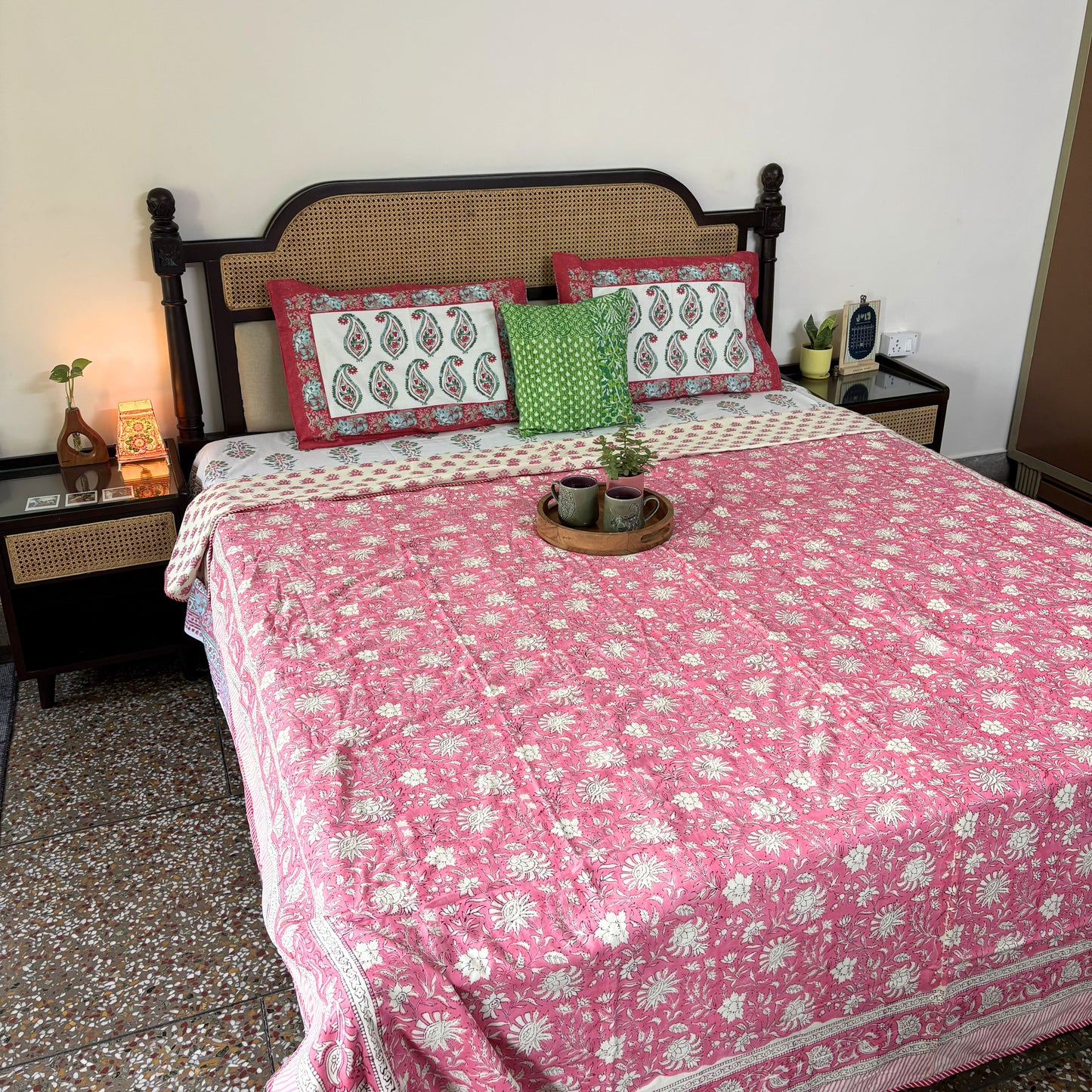 Double Bed Block Print Reversible Mul Dohar - Gulabi