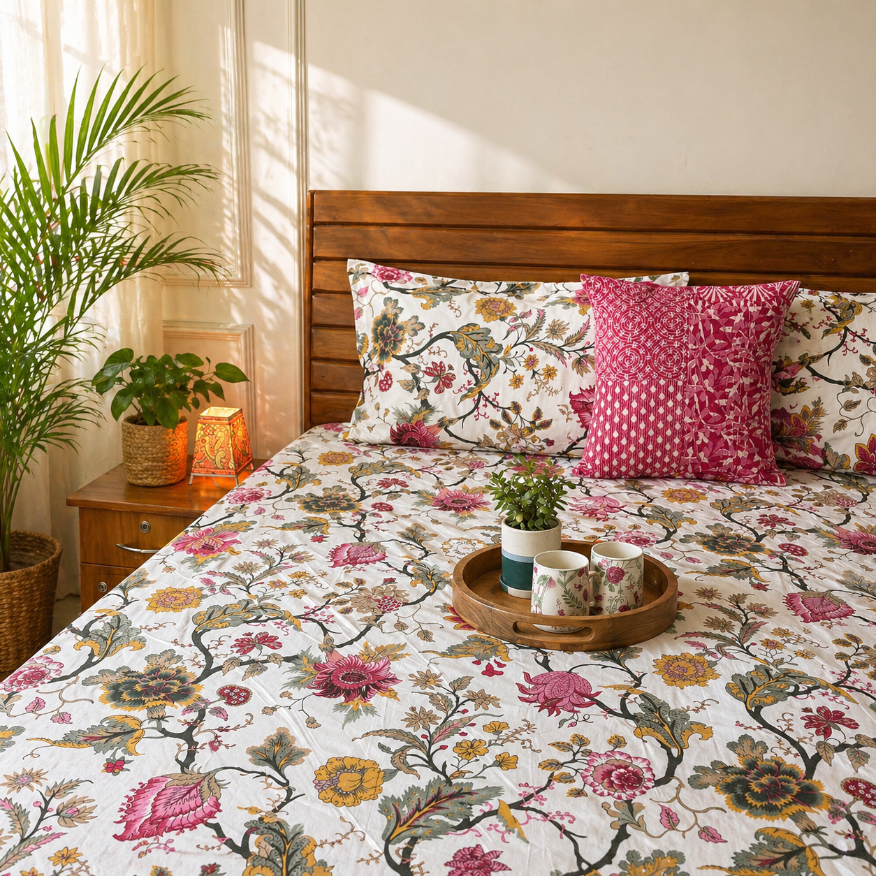 Anokhi Prints - Pink Flower – Flat I Fitted Bedsheet (108x108 Inches)
