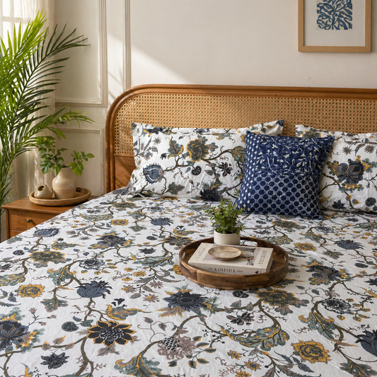 Anokhi Prints - White – Flat I Fitted Bedsheet (108x108 Inches)