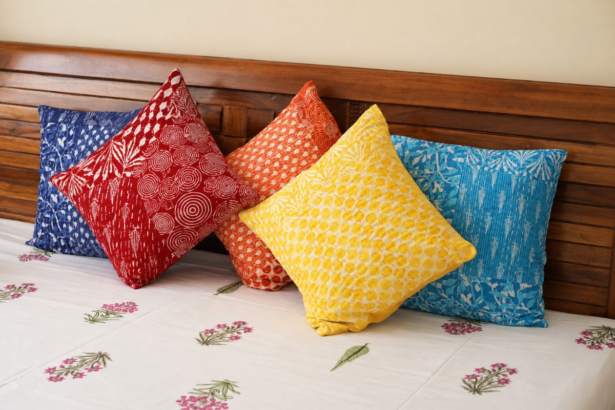 Colors of Joy - Kantha Stitched Cushion Covers - Set of 5
