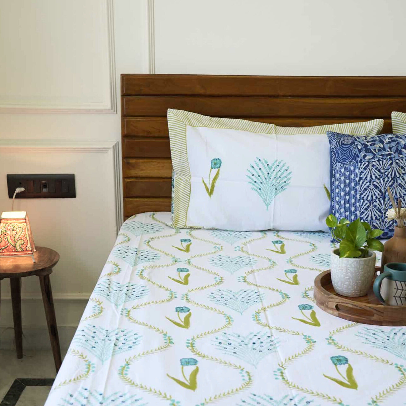 Bel Green - Hand block Percale Bedsheet (108x108 Inches)