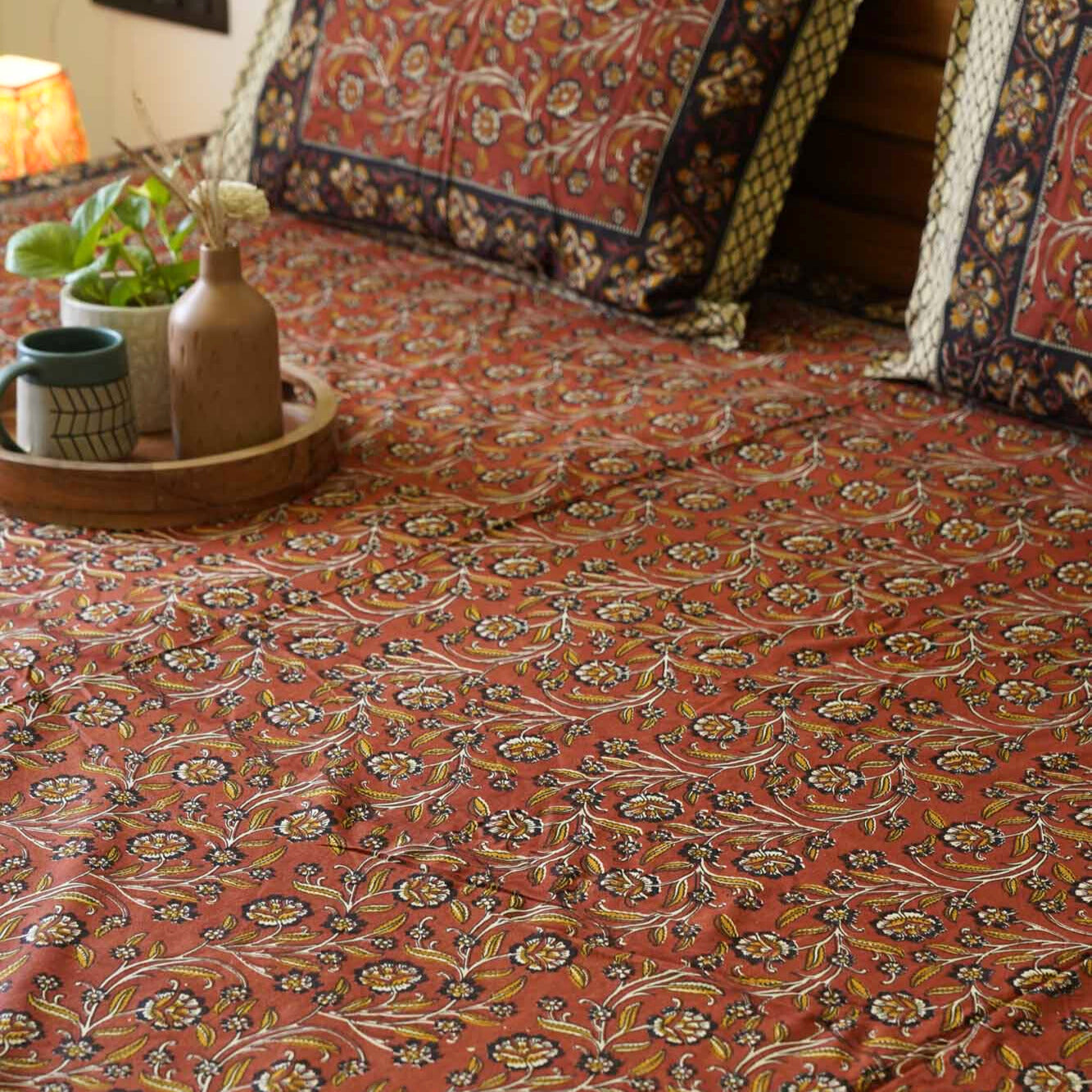 Kalamkari Maroon Big S - Flat I Fitted Bedsheet (108x108 Inches)