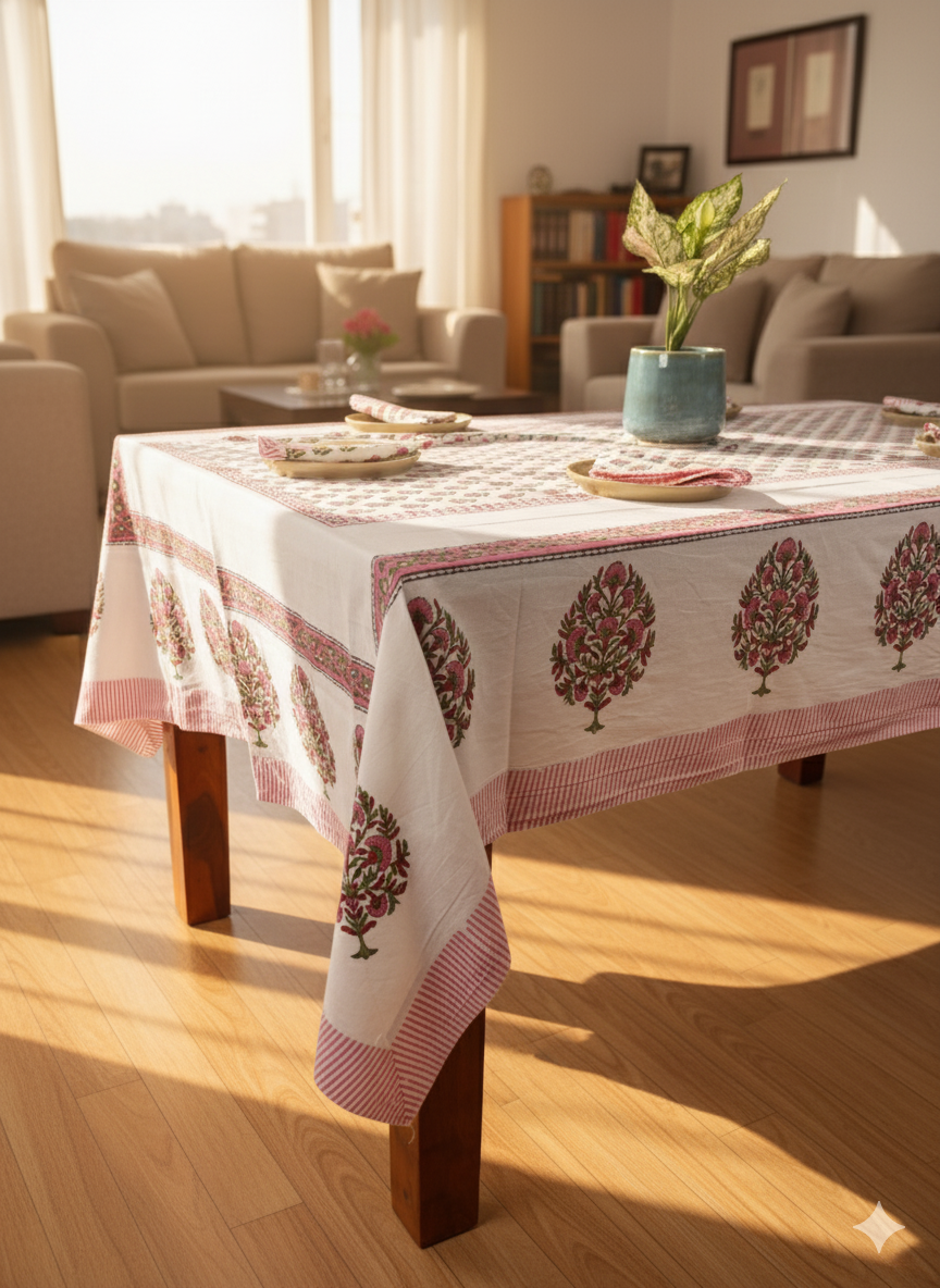 Hansika Hand Block Six seater Dining Table Cover With Napkins