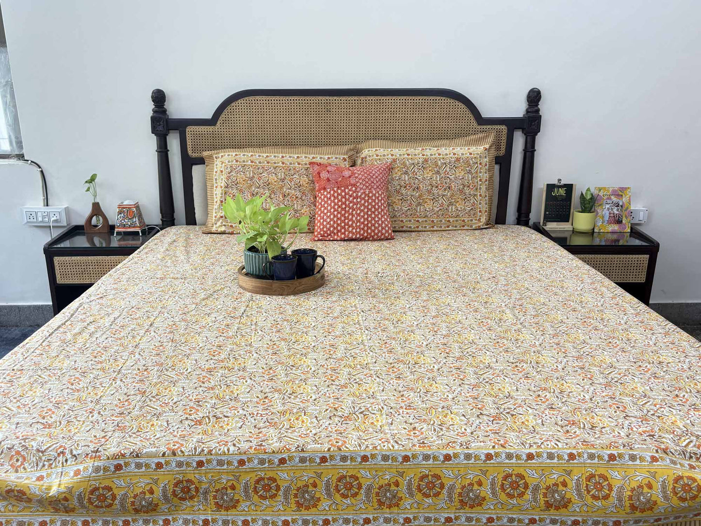 Phulwari Orange - Flat I Fitted Bedsheet (90x108 Inches)
