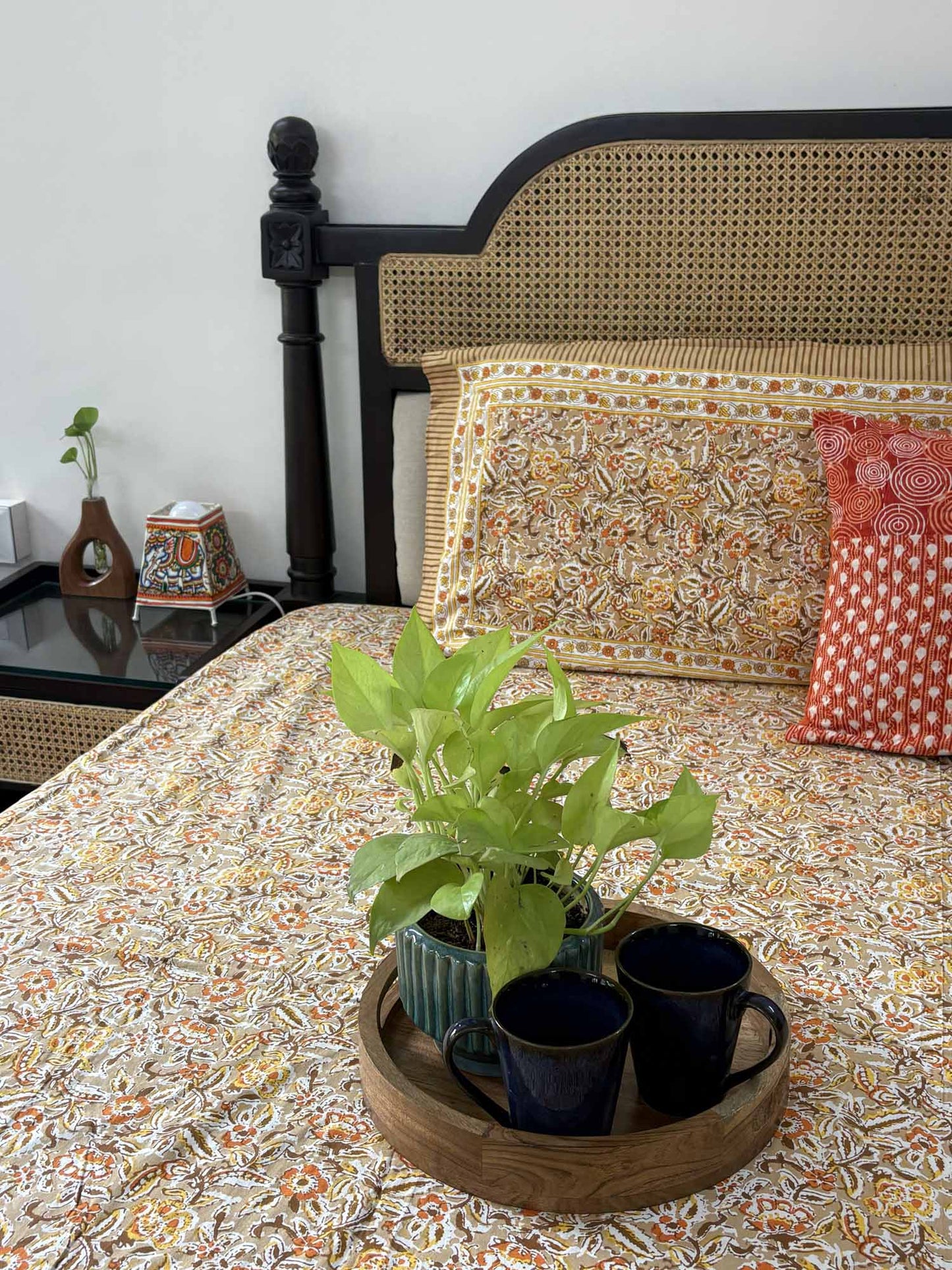 Phulwari Orange - Flat I Fitted Bedsheet (90x108 Inches)