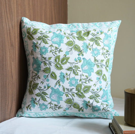 Blue Flower Hand Block Quilted Cushion Cover
