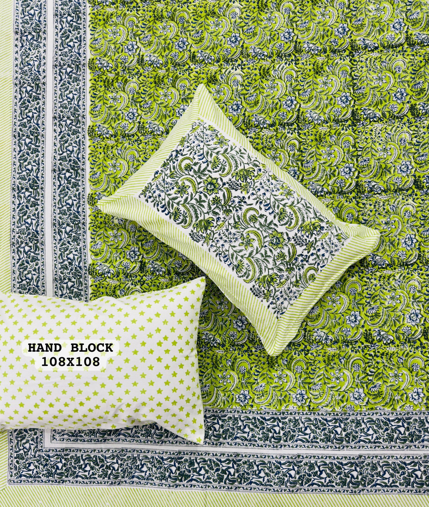 Phulwari Green - Handblock Bedsheet (108x108 Inches)