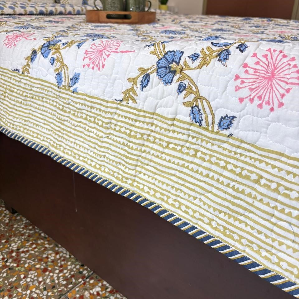 Khushamadeed - Quilted and Reversible Handblock Bedcover I Comforter