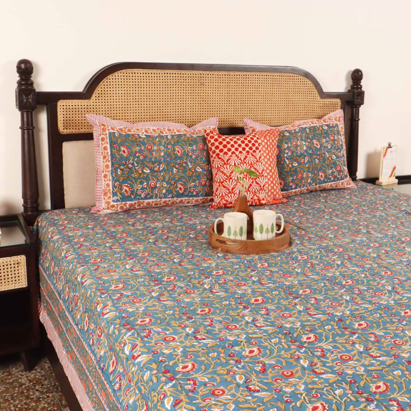 Hand block Kalamkari Blue Rangoon (108x108 Inches)
