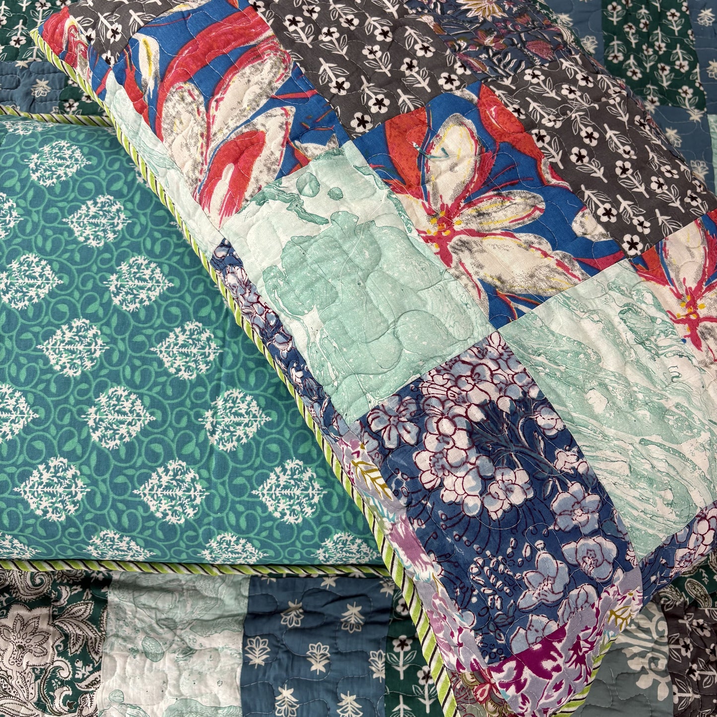Rangeela - Turquoise - A Patchwork Reversible Quilted Bedcover I Comforter - With Pillow Cases