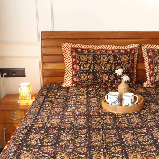 Kalamkari Black Big B - Flat I Fitted Bedsheet (108x108 Inches)