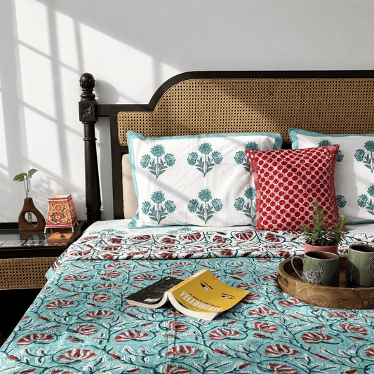Double Bed Block Print Reversible Mul Dohar - Tulsi