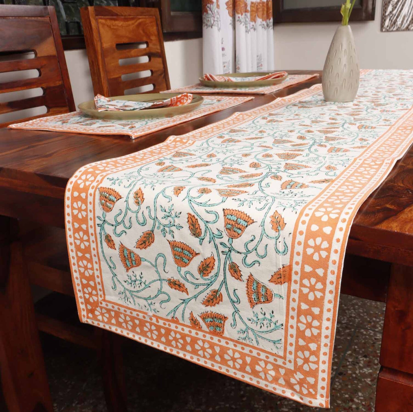 Kesari Bel - Hand Block Table Runner, Table Mats and Napkins