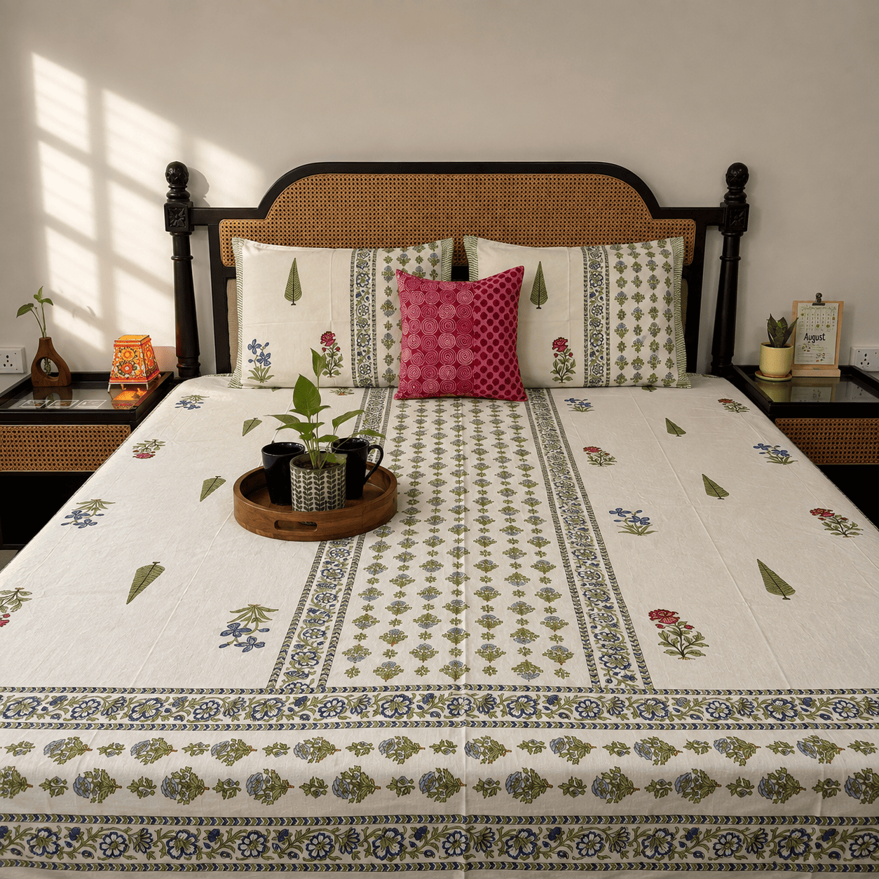 Aafreen Blue:Green - Flat I Fitted Bedsheet (108x108 Inches)