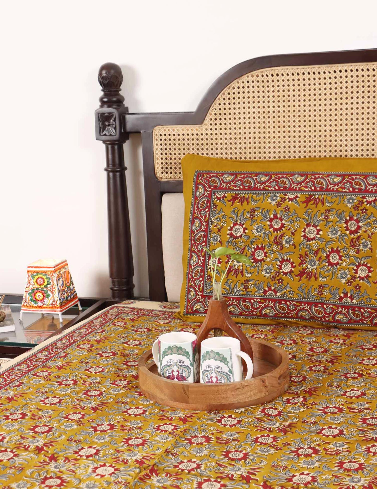 Kalamkari Phool Mustard - Single Bed Bedsheet (60x90 Inches)