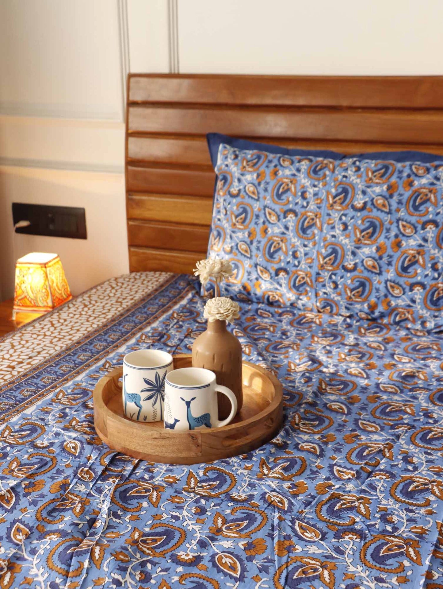 Kalamkari Pastel Blue – Flat I Fitted Bedsheet (90x108 Inches)