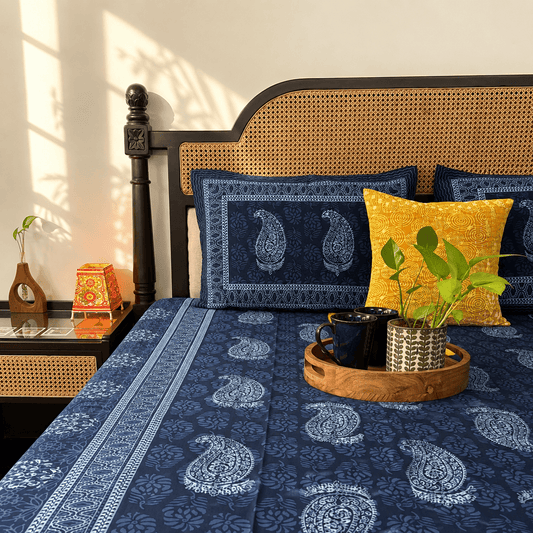 Indigo Paisley - Flat I Fitted Bedsheet (90x108 Inches)