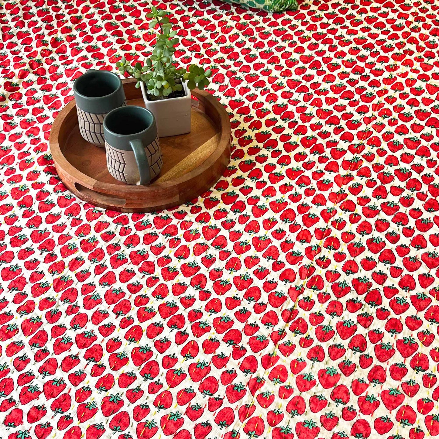 Strawberry - Kantha Stitch Bedcover