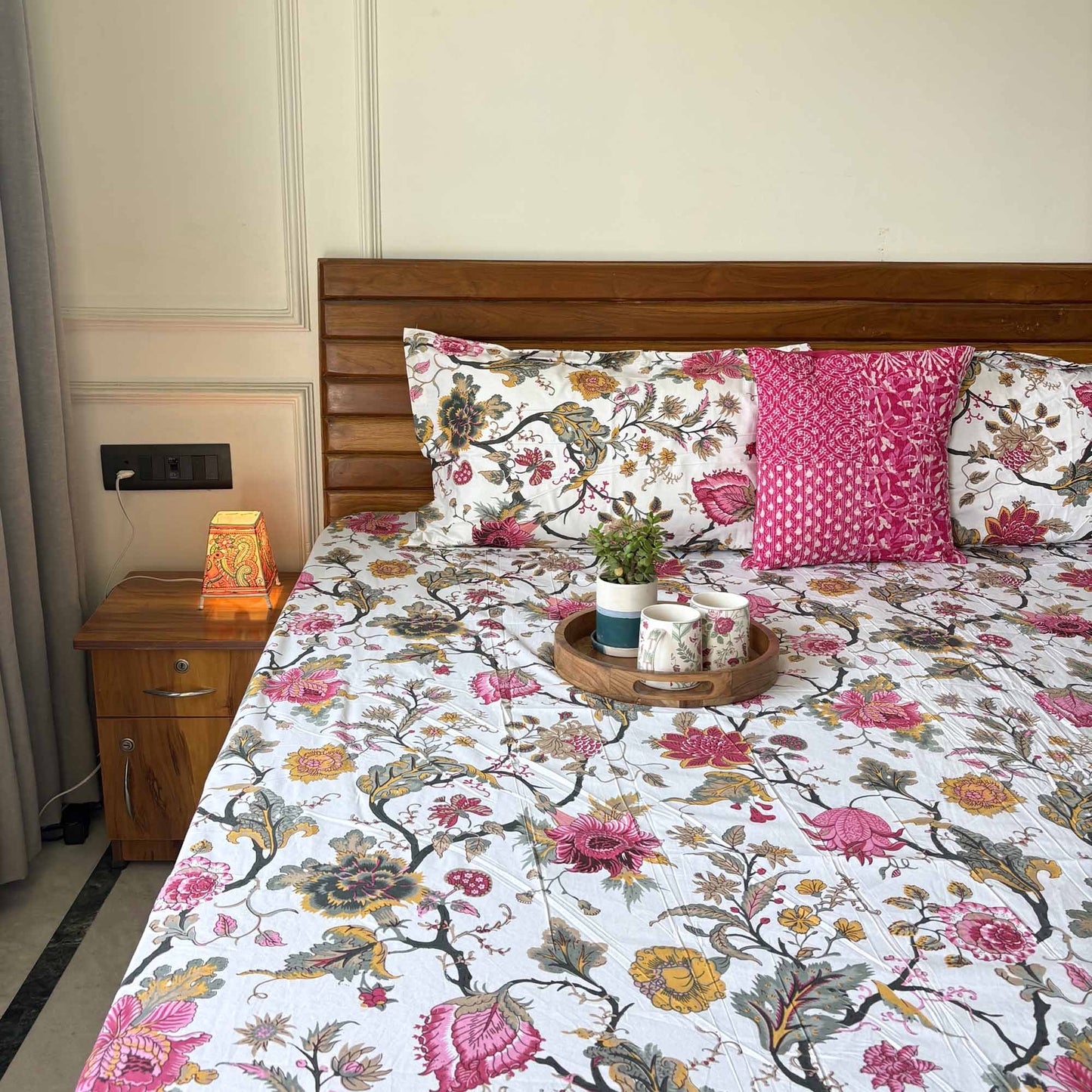 Anokhi Prints - Pink Flower – Flat I Fitted Bedsheet (108x108 Inches)