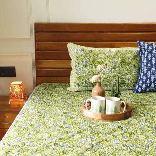 Phulwari Green - Handblock Bedsheet (100x108 Inches)