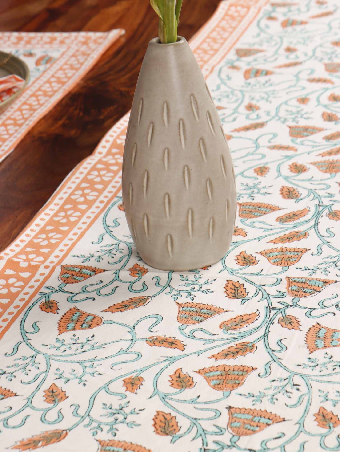 Kesari Bel - Hand Block Table Runner, Table Mats and Napkins