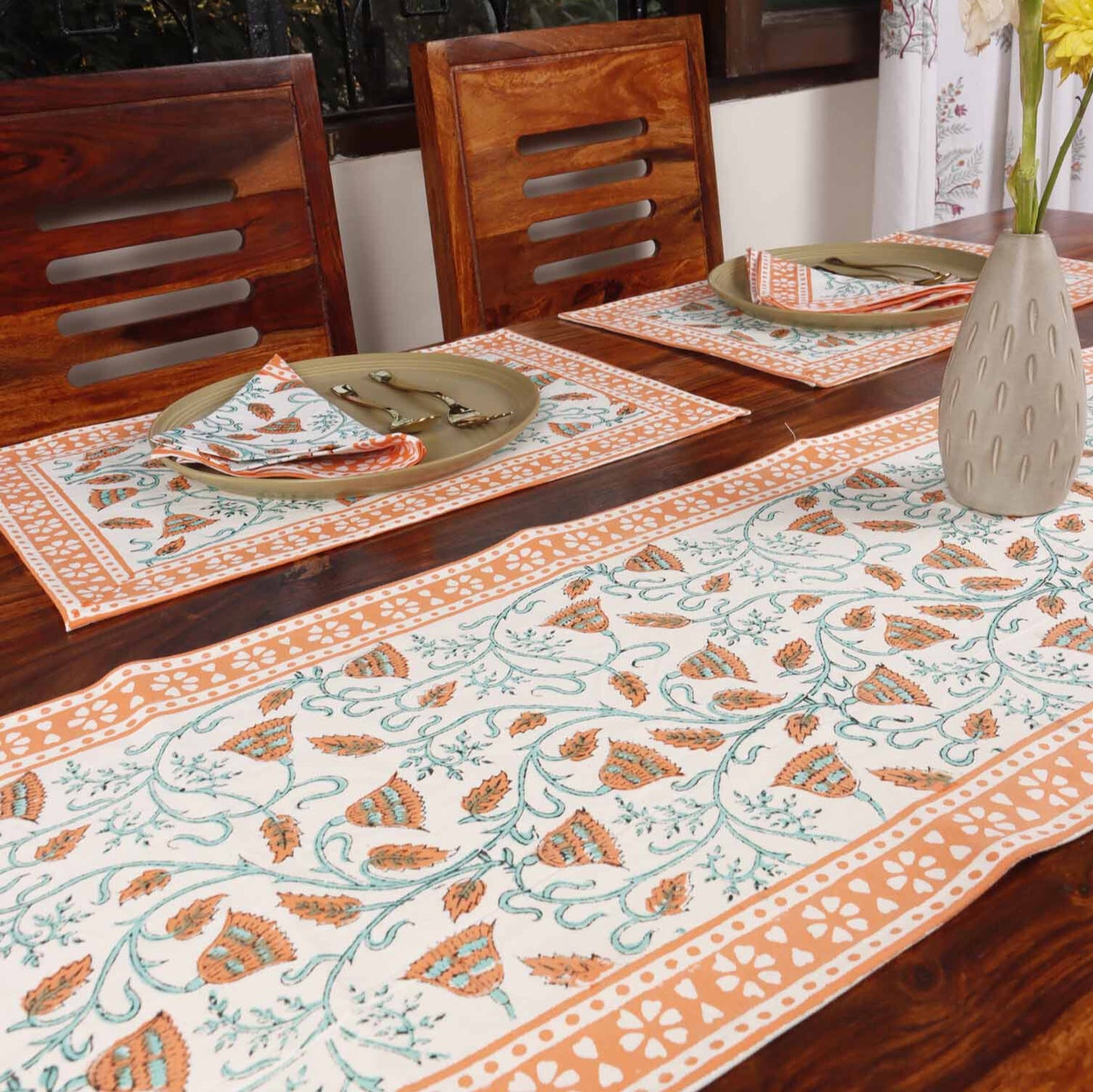 Kesari Bel - Hand Block Table Runner, Table Mats and Napkins