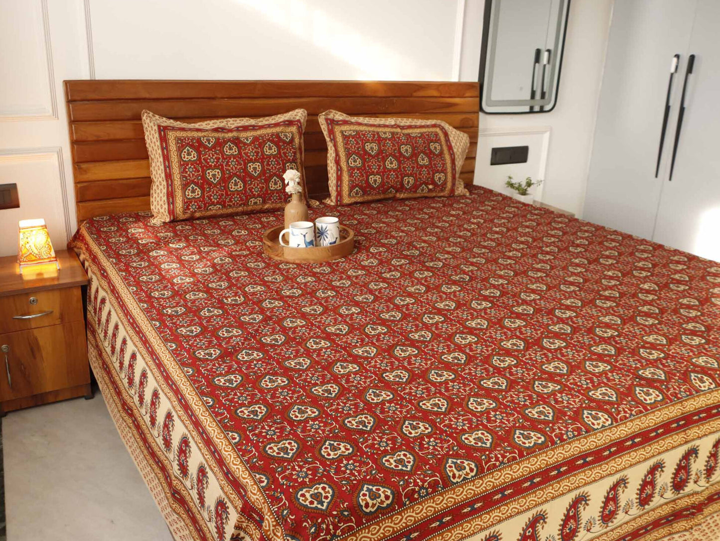 Kalamkari Dilkash Red  - Flat I Fitted Bedsheet (108x108 Inches)