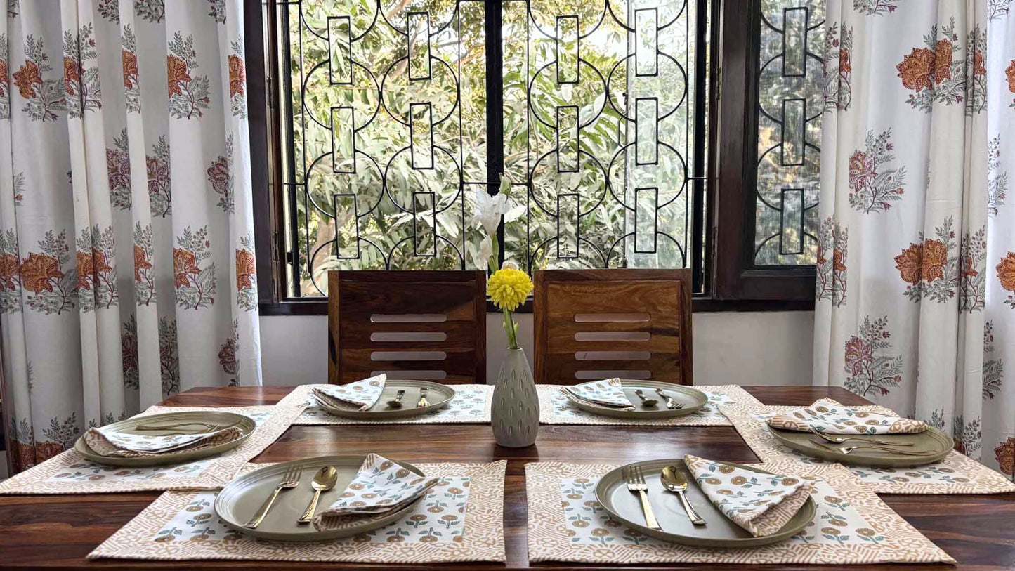 Pushpita - Hand Block Printed Table Runner, Table Mats and Napkins
