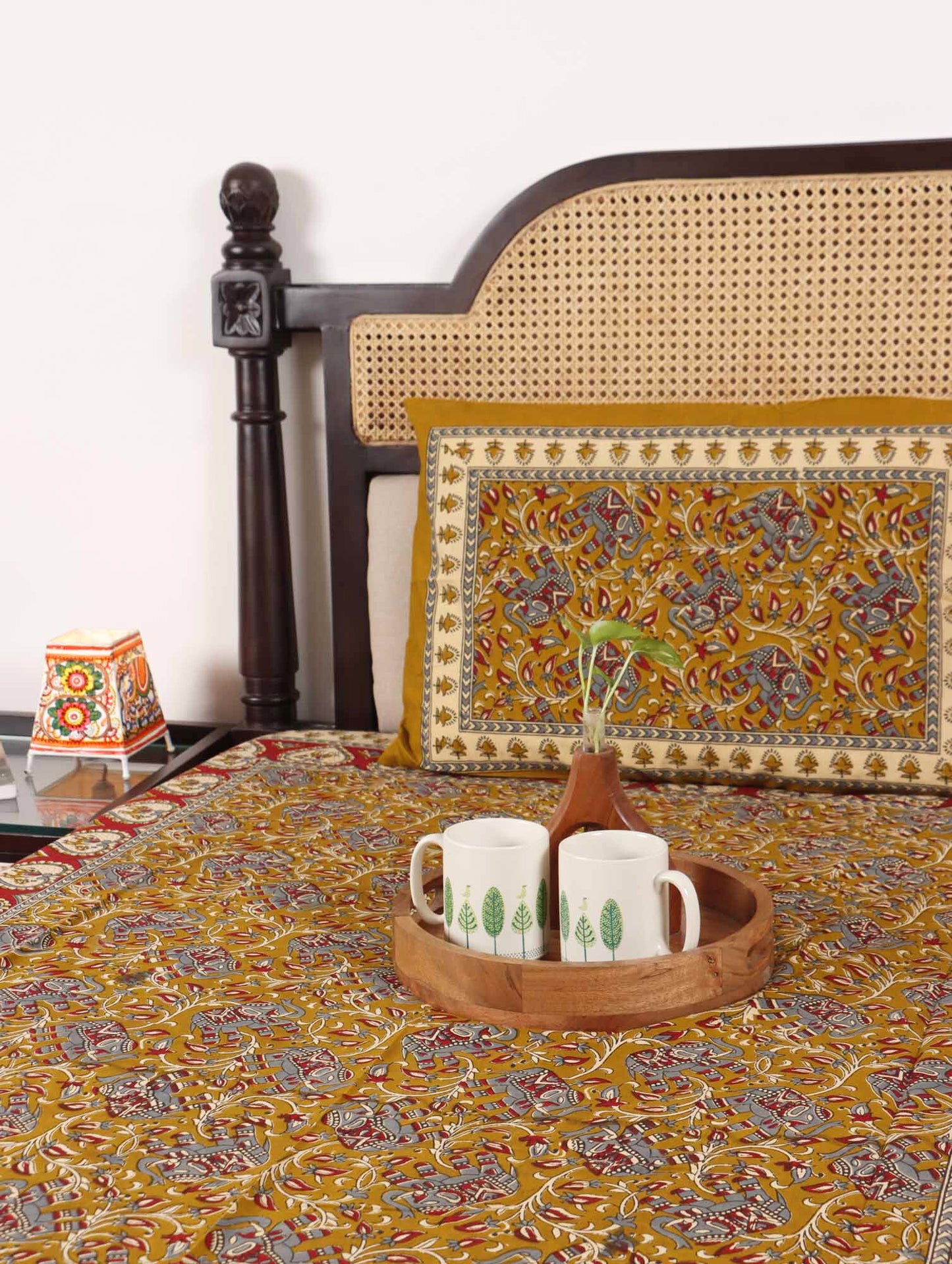 Kalamkari Haathi Mustard - Single Bed Bedsheet (60x90 Inches)