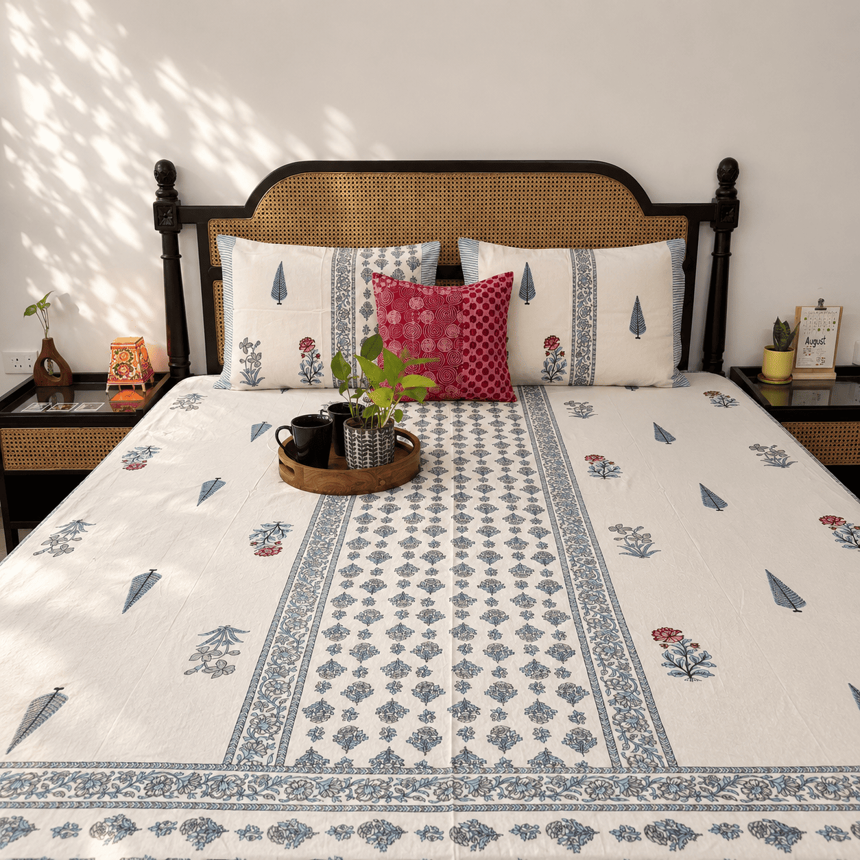 Aafreen Blue - Flat I Fitted Bedsheet (108x108 Inches)