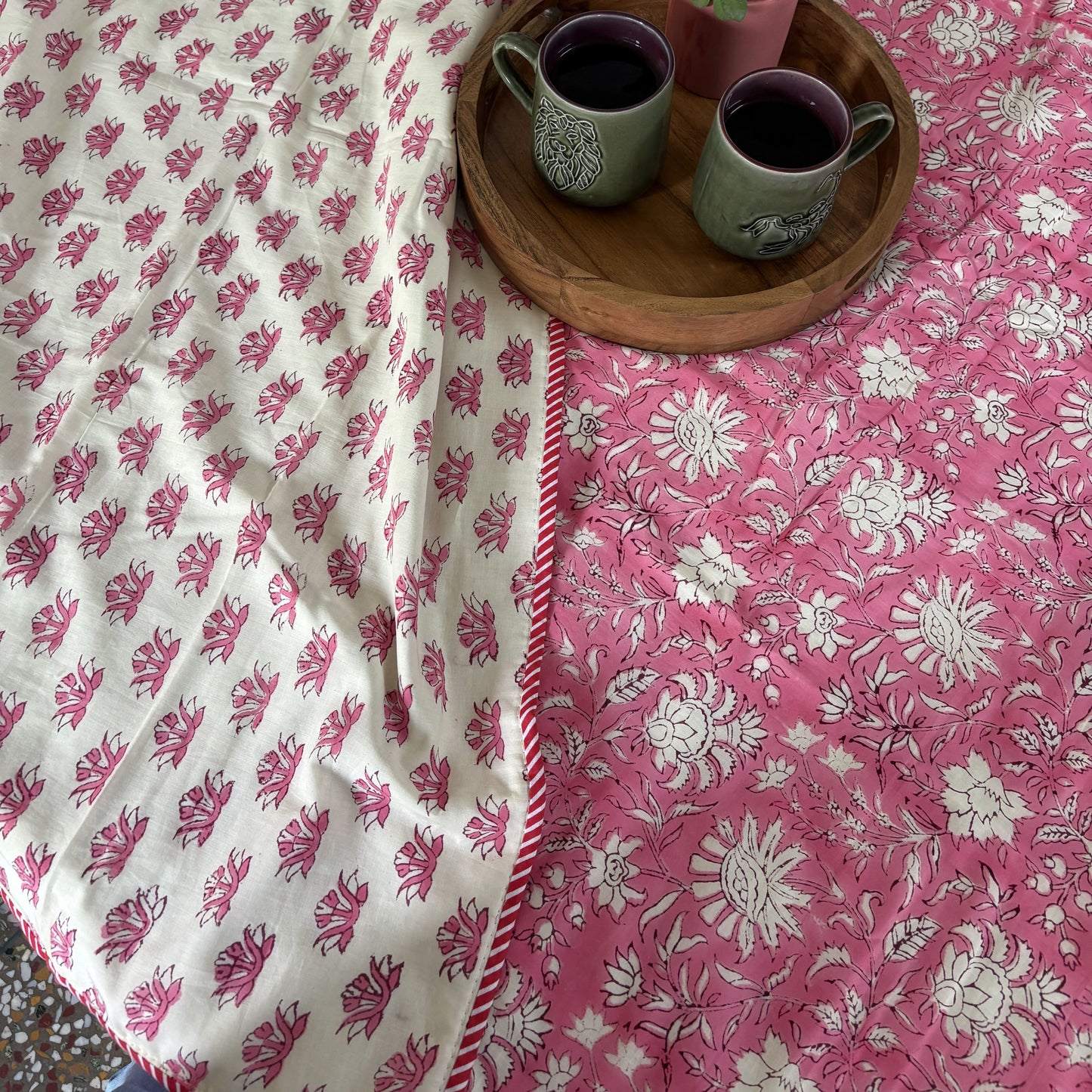 Double Bed Block Print Reversible Mul Dohar - Gulabi