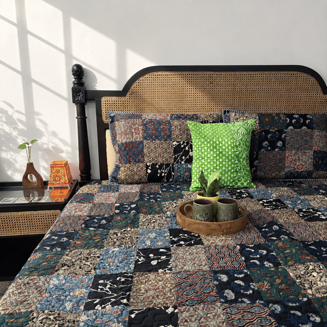 Rangeela - Blue - Patchwork Reversible Quilted Bedcover I Comforter - With Pillow Cases