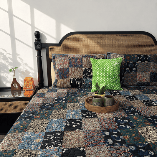 Rangeela - Blue - Patchwork Reversible Quilted Bedcover I Comforter - With Pillow Cases