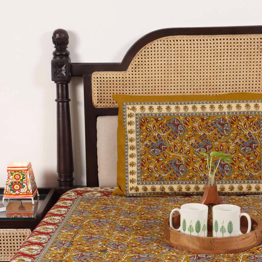 Kalamkari Haathi Mustard - Single Bed Bedsheet (60x90 Inches)