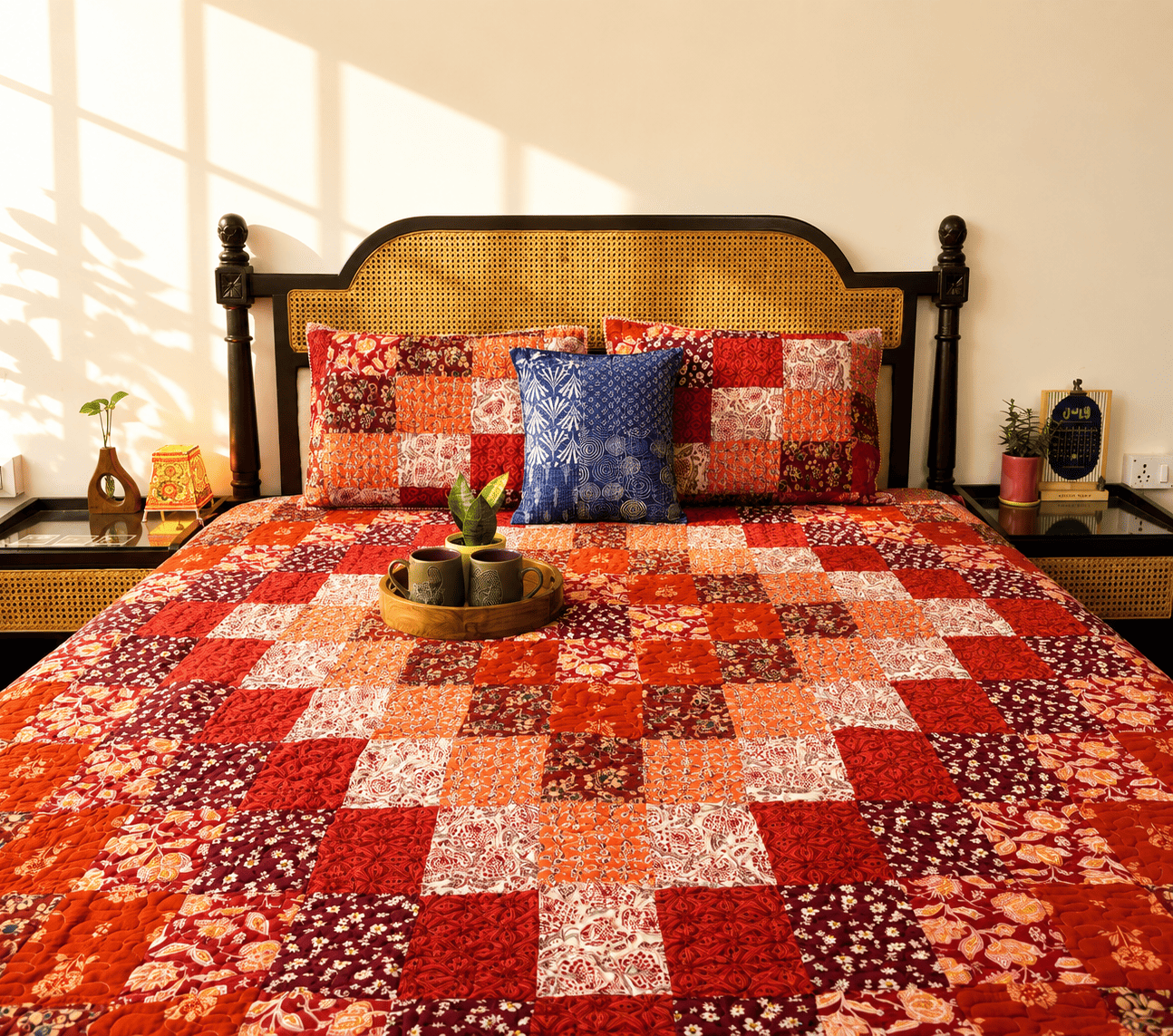 Rangeela - Red - A Patchwork Reversible Quilted Bedcover I Comforter - With Pillow Cases